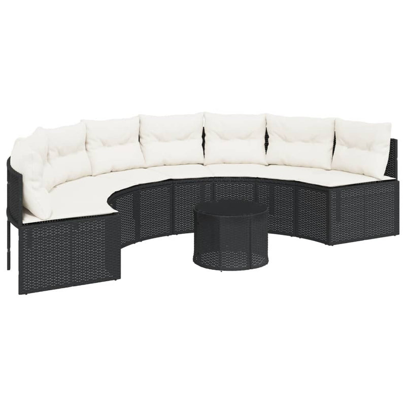 Garden Sofa with Table and Cushions Half-Round Black Poly Rattan Payday Deals
