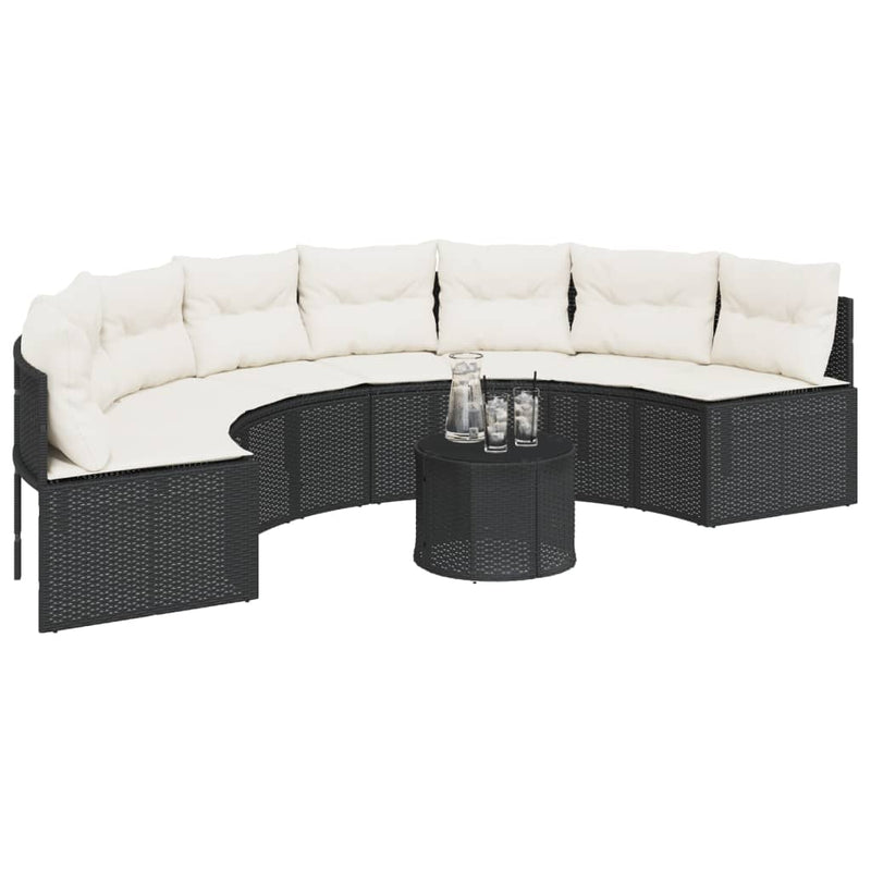 Garden Sofa with Table and Cushions Half-Round Black Poly Rattan Payday Deals