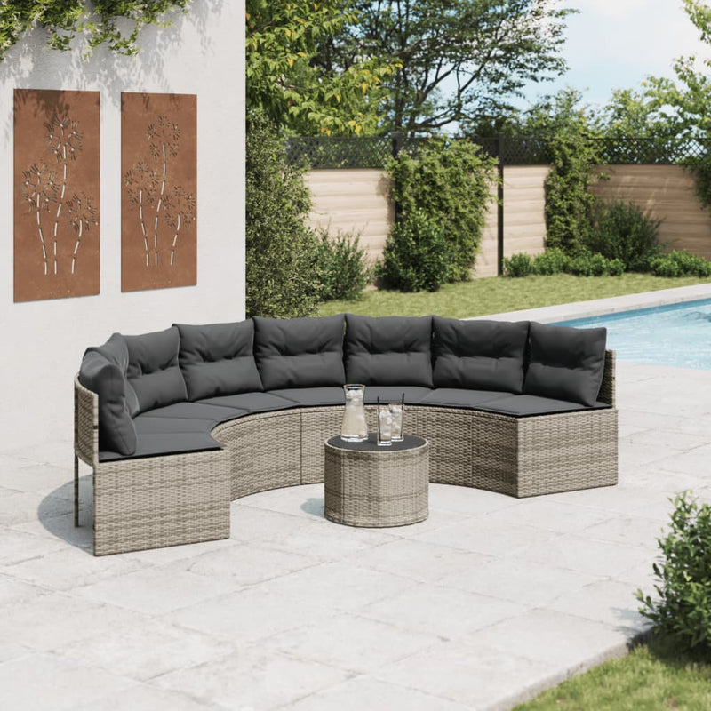 Garden Sofa with Table and Cushions Half-Round Grey Poly Rattan Payday Deals