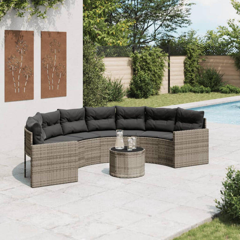 Garden Sofa with Table and Cushions Half-Round Grey Poly Rattan Payday Deals
