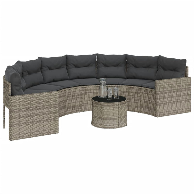 Garden Sofa with Table and Cushions Half-Round Grey Poly Rattan Payday Deals