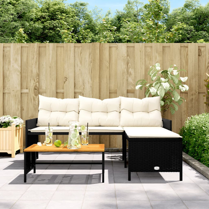 Garden Sofa with Table and Cushions L-Shaped Black Poly Rattan Payday Deals