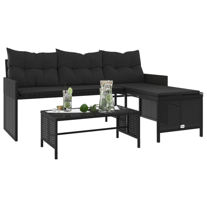 Garden Sofa with Table and Cushions L-Shaped Black Poly Rattan Payday Deals
