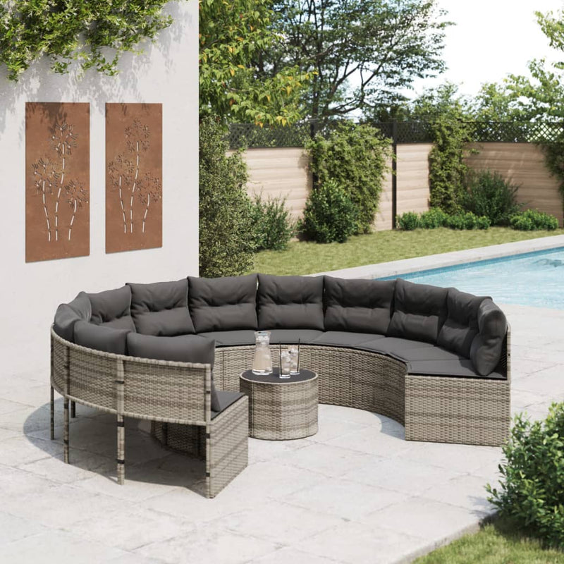 Garden Sofa with Table and Cushions Round Grey Poly Rattan Payday Deals