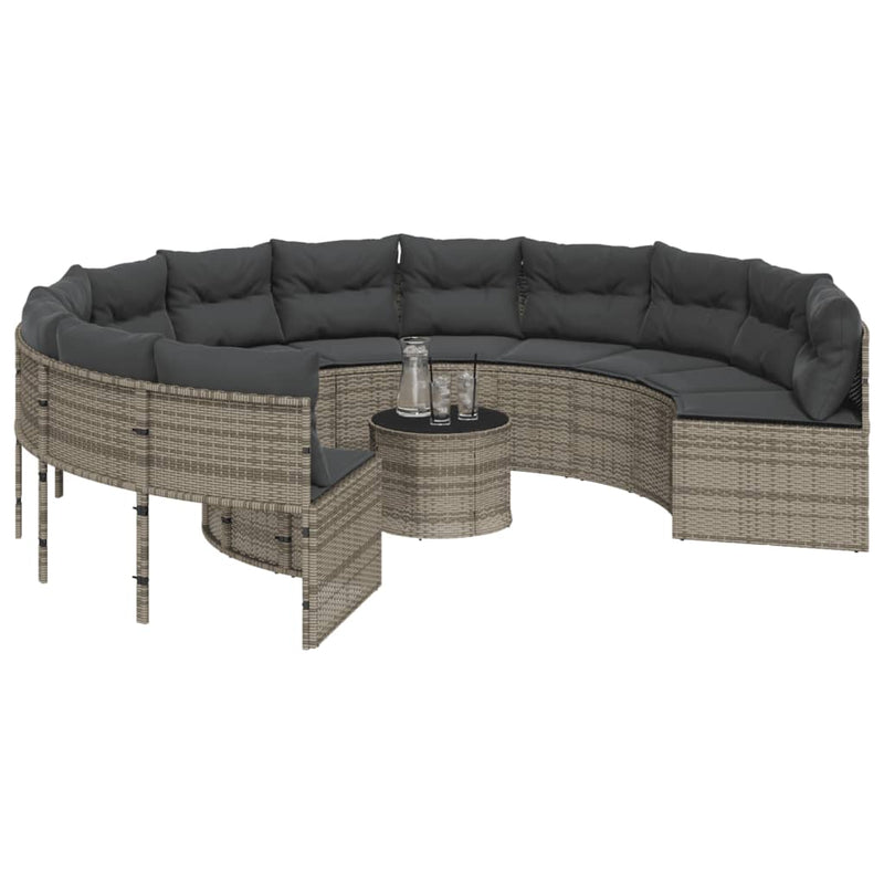 Garden Sofa with Table and Cushions Round Grey Poly Rattan Payday Deals