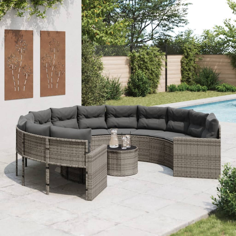 Garden Sofa with Table and Cushions Round Grey Poly Rattan Payday Deals