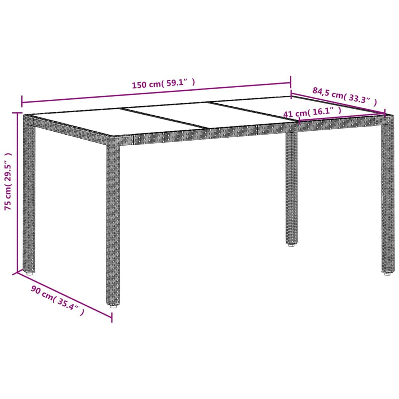 Garden Table with Glass Top Light Grey 150x90x75 cm Poly Rattan Payday Deals