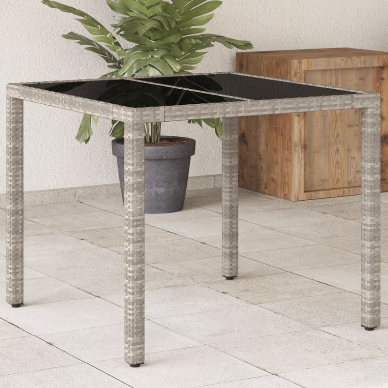 Garden Table with Glass Top Light Grey 90x90x75 cm Poly Rattan Payday Deals