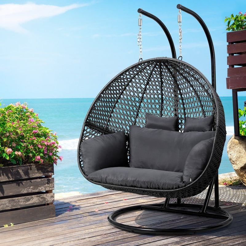 Gardeon Outdoor Egg Swing Chair Hanging Pod Chair Wicker Cushion 2 Person Grey Payday Deals