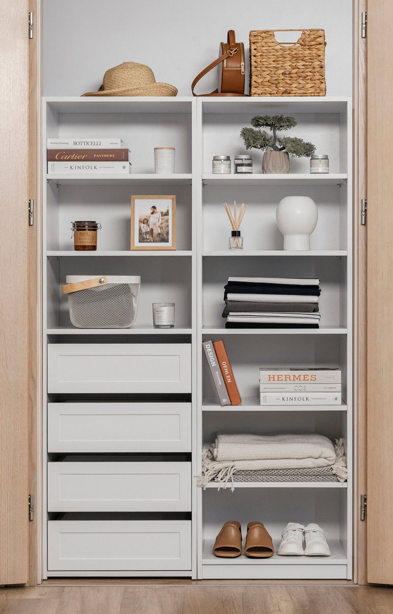 GENEVA THREE SHELF/FOUR DRAWER BUILT IN WARDROBE - HAMPTONS Payday Deals