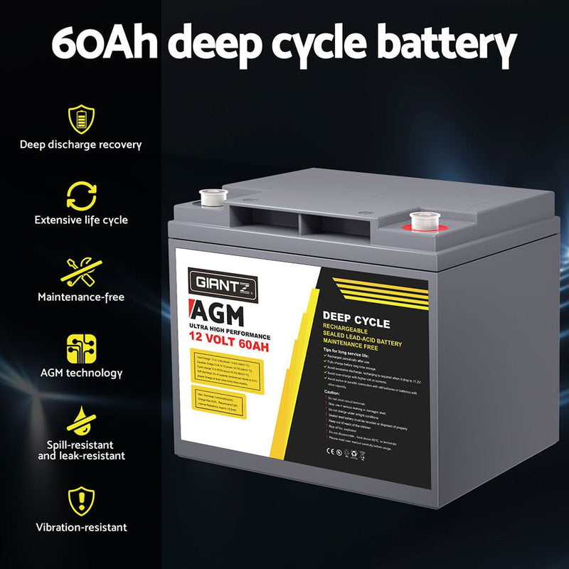 Giantz AGM Battery 12V 60Ah Deep Cycle Box Portable Solar Caravan Camping Payday Deals