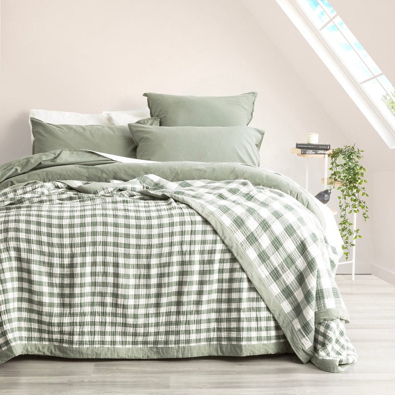 Gingham Washed Cotton Yarn Dyed Revesible Textured Emerald Blanket by Renee Taylor Queen/King Payday Deals