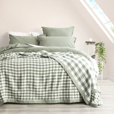 Gingham Washed Cotton Yarn Dyed Revesible Textured Emerald Blanket by Renee Taylor Single/Double