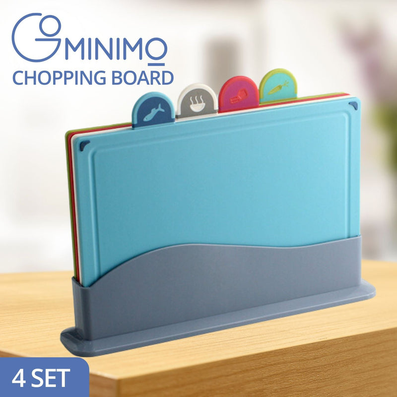 GOMINIMO Set of 4 Chopping Board with Index Color Coded Food Icon and Dark Grey Stand GO-CCB-101-RC Payday Deals