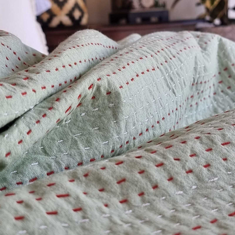 Green Berries Kantha Bedspread Coverlet - Green (King - 228 cm x 274 cm) Payday Deals