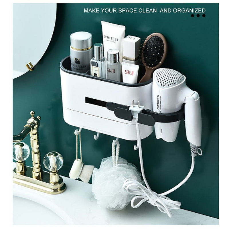 Hair Dryer Holder Set Bathroom Wall Mounted Toothbrush Comb Storage White Rack Payday Deals