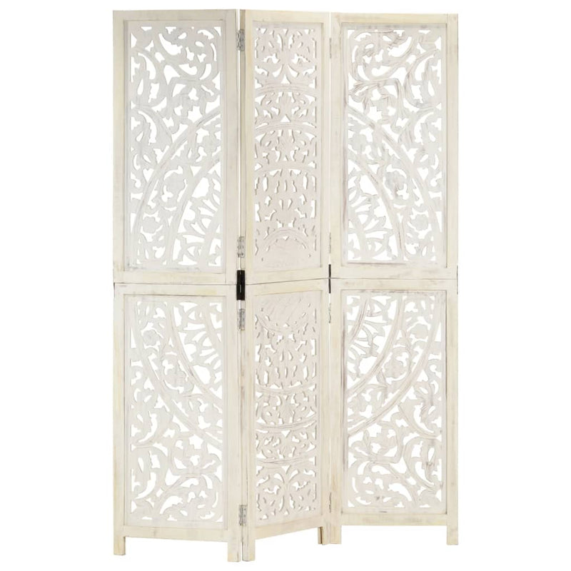 Hand carved 3-Panel Room Divider White 120x165 cm Solid Mango Wood Payday Deals