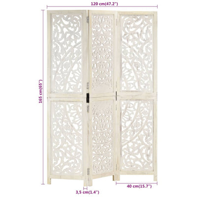 Hand carved 3-Panel Room Divider White 120x165 cm Solid Mango Wood Payday Deals