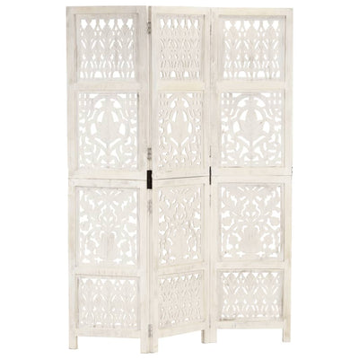 Hand Carved 3-Panel Room Divider White 120x165 cm Solid Mango Wood