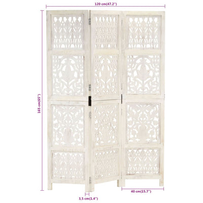 Hand Carved 3-Panel Room Divider White 120x165 cm Solid Mango Wood Payday Deals