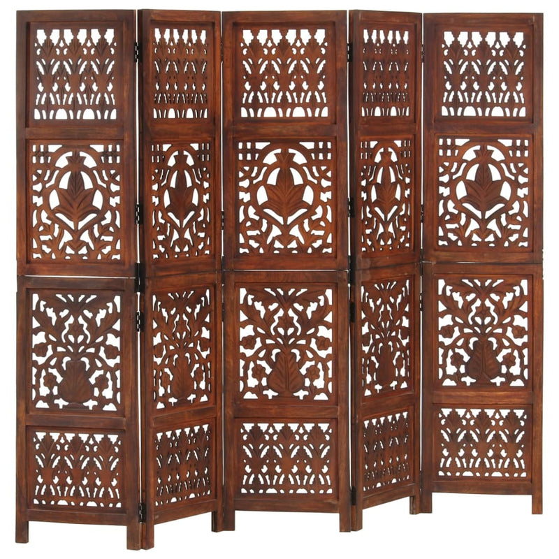 Hand Carved 5-Panel Room Divider Brown 200x165 cm Solid Mango Wood Payday Deals