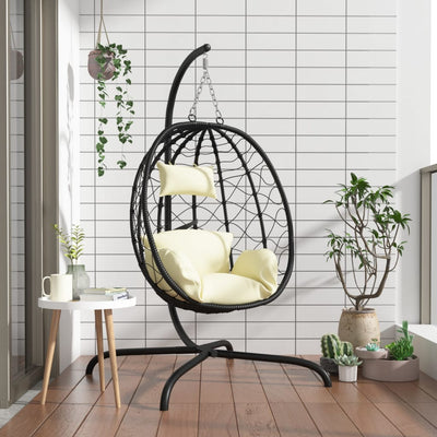 Hanging Egg Chair with Cushion Cream White Poly Rattan&Steel