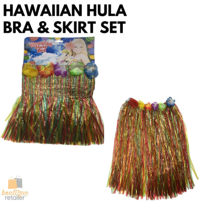 HAWAIIAN HULA BRA & SKIRT SET Tropical Costume Dress Lei Grass Flower Party Payday Deals