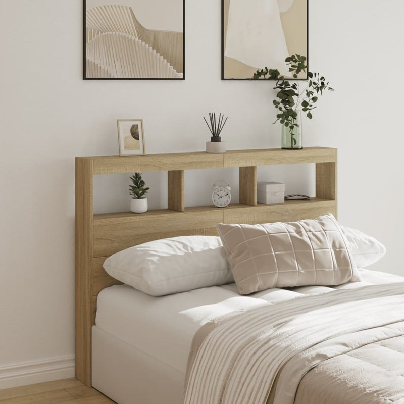 Headboard Cabinet with LED Sonoma Oak 140x17x102 cm Payday Deals