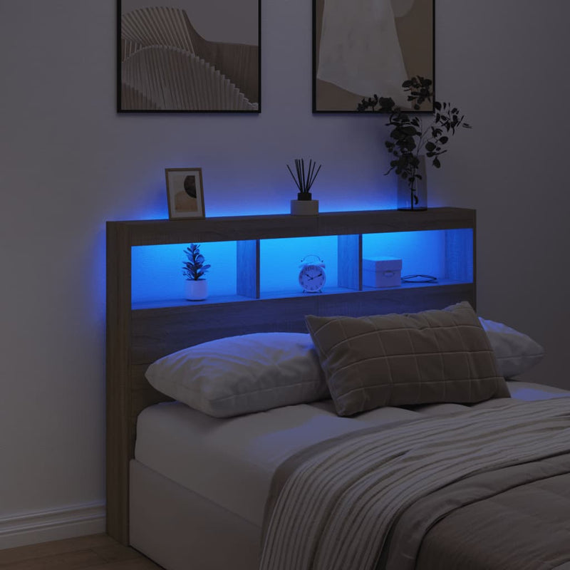 Headboard Cabinet with LED Sonoma Oak 140x17x102 cm Payday Deals