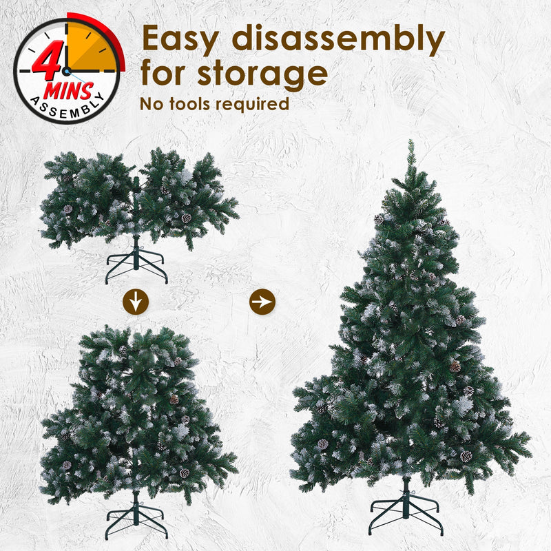 Home Ready 5Ft 150cm 720 tips Green Snowy Christmas Tree Xmas Pine Cones + Bauble Balls Payday Deals