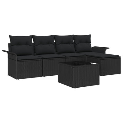 6 Piece Garden Sofa Set with Cushions Black Poly Rattan