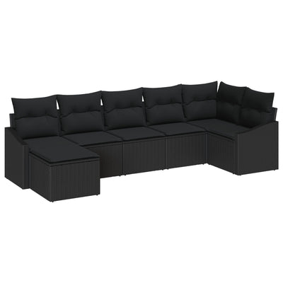 7 Piece Garden Sofa Set with Cushions Black Poly Rattan
