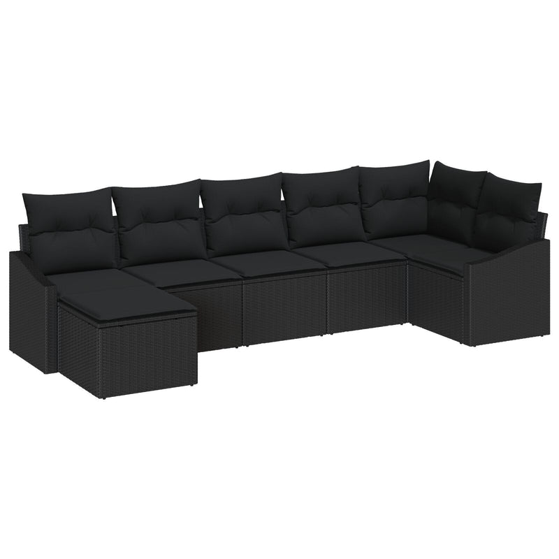 7 Piece Garden Sofa Set with Cushions Black Poly Rattan