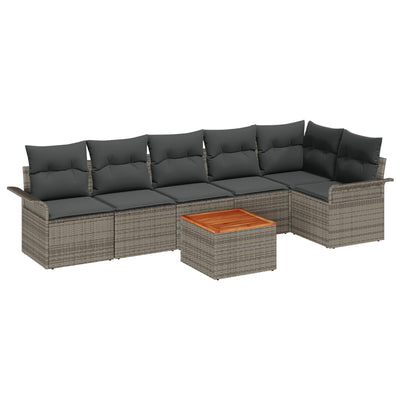 7 Piece Garden Sofa Set with Cushions Grey Poly Rattan Acacia