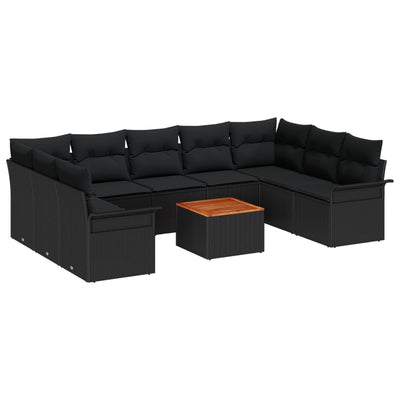 10 Piece Garden Sofa Set with Cushions Black Poly Rattan Acacia