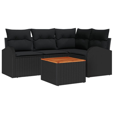 5 Piece Garden Sofa Set with Cushions Black Poly Rattan Acacia