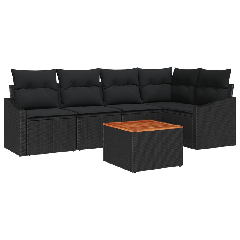 6 Piece Garden Sofa Set with Cushions Black Poly Rattan Acacia
