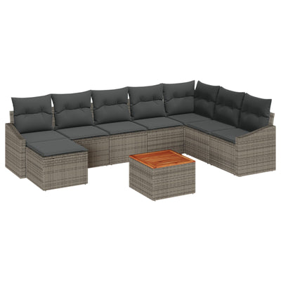 9 Piece Garden Sofa Set with Cushions Grey Poly Rattan Acacia