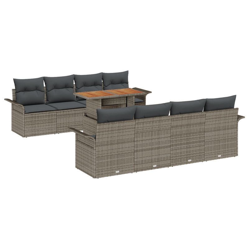 9 Piece Garden Sofa Set with Cushions Grey Poly Rattan Acacia