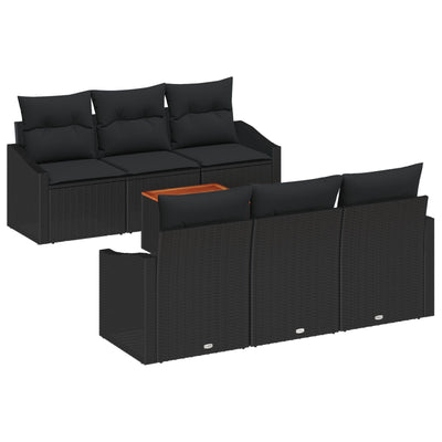 7 Piece Garden Sofa Set with Cushions Black Poly Rattan Acacia