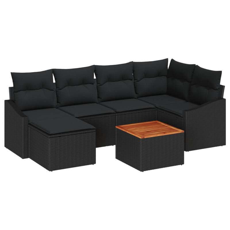 7 Piece Garden Sofa Set with Cushions Black Poly Rattan Acacia