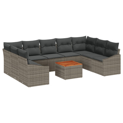 10 Piece Garden Sofa Set with Cushions Grey Poly Rattan Acacia