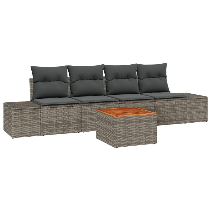 5 Piece Garden Sofa Set with Cushions Grey Poly Rattan Acacia