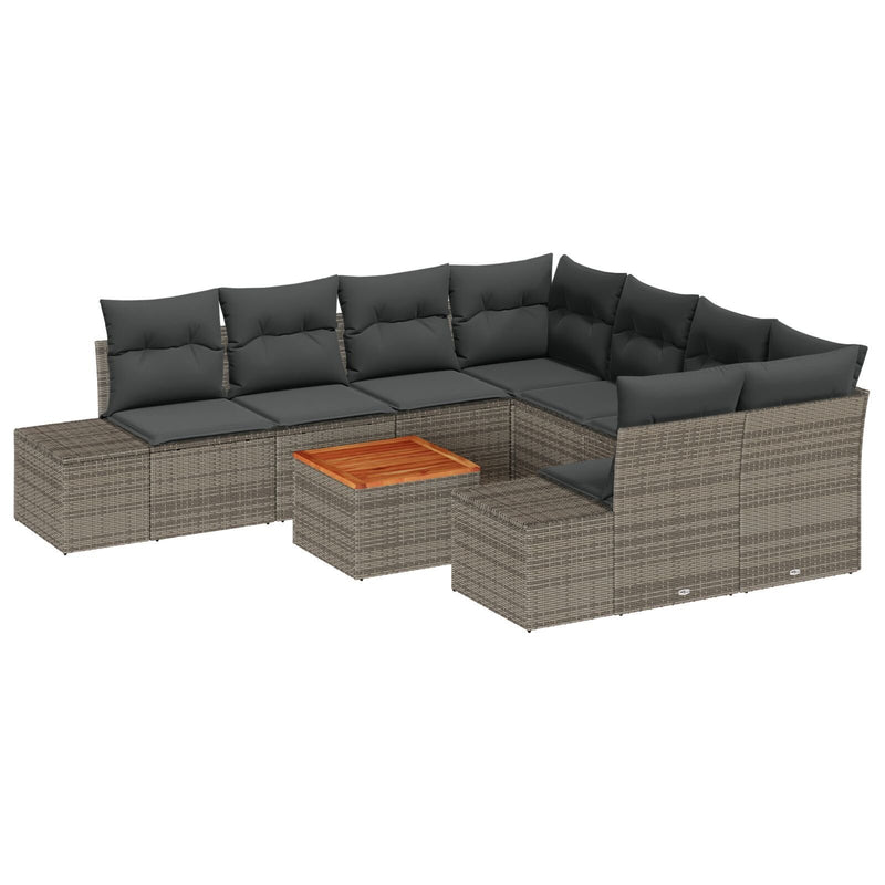 9 Piece Garden Sofa Set with Cushions Grey Poly Rattan Acacia
