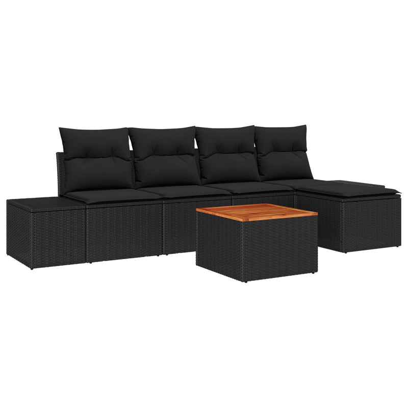 6 Piece Garden Sofa Set with Cushions Black Poly Rattan Acacia