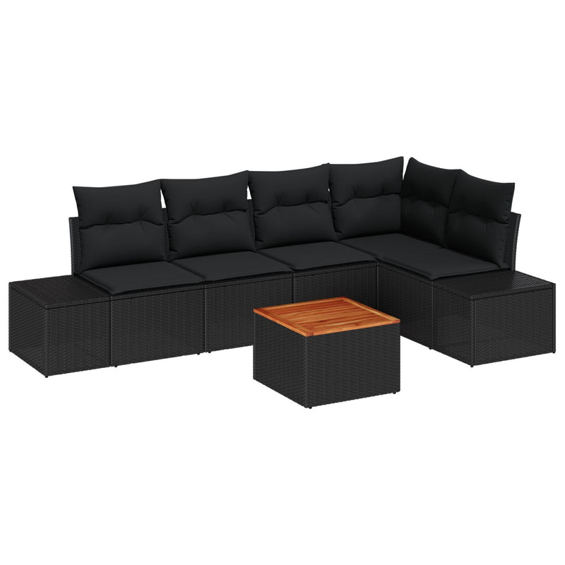 6 Piece Garden Sofa Set with Cushions Black Poly Rattan Acacia