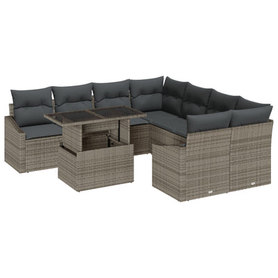 9 Piece Garden Sofa Set with Cushions Grey Poly Rattan