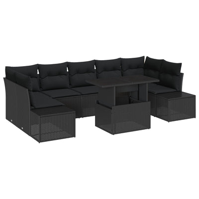 8 Piece Garden Sofa Set with Cushions Black Poly Rattan