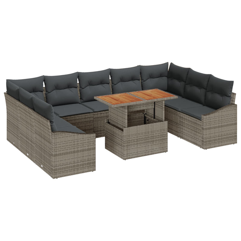 10 Piece Garden Sofa Set with Cushions Grey Poly Rattan
