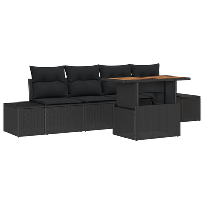 5 Piece Garden Sofa Set with Cushions Black Poly Rattan